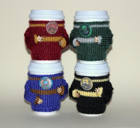 Four coffee cozies set. Witchcraft Wizardry school alumni. Four houses. Buy four pay for three. Travel mug cozy Starbucks cup holder