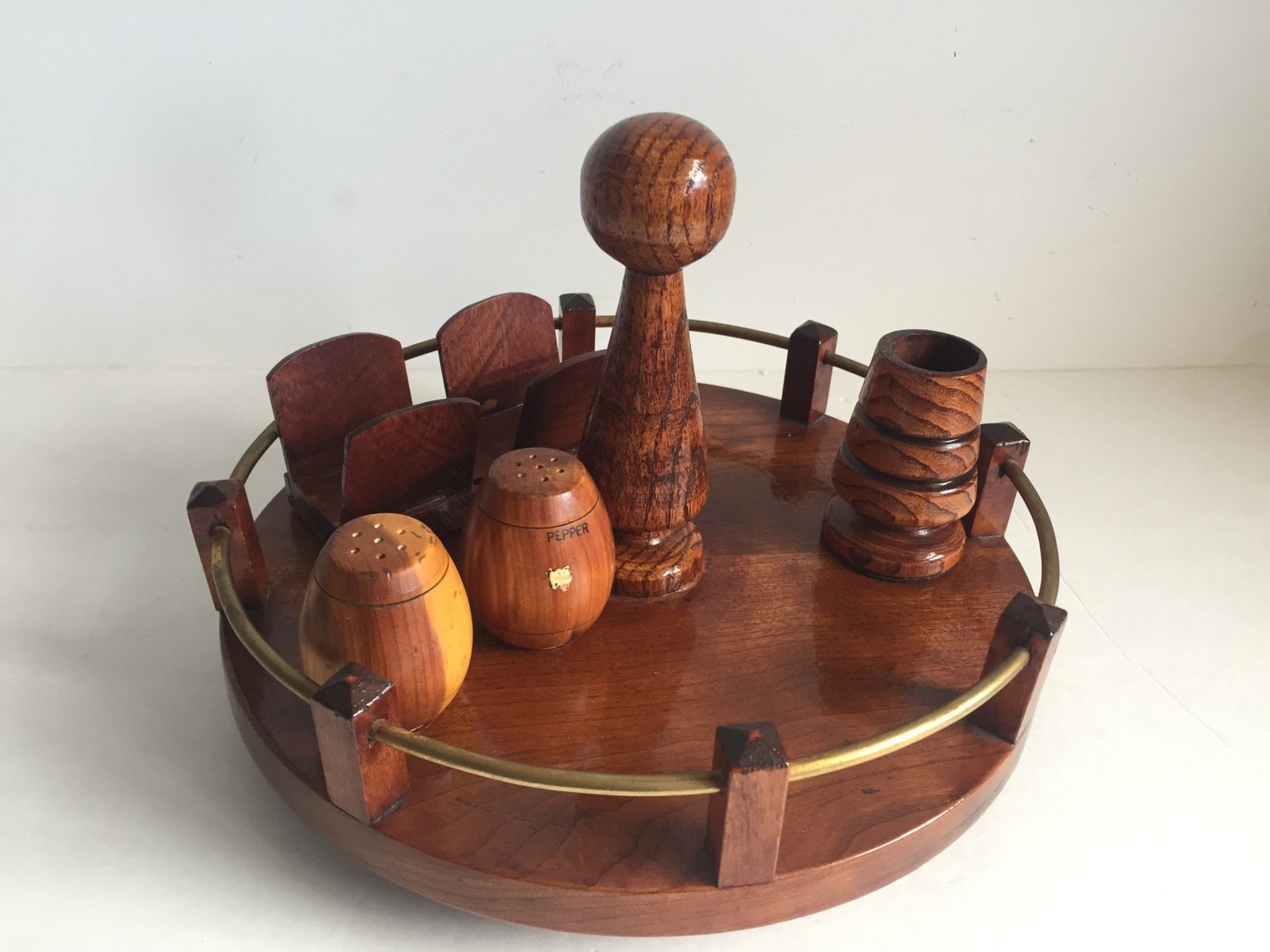 Vintage Wood Serving Pieces / Condiment Set / Condiment Holder / Napkin