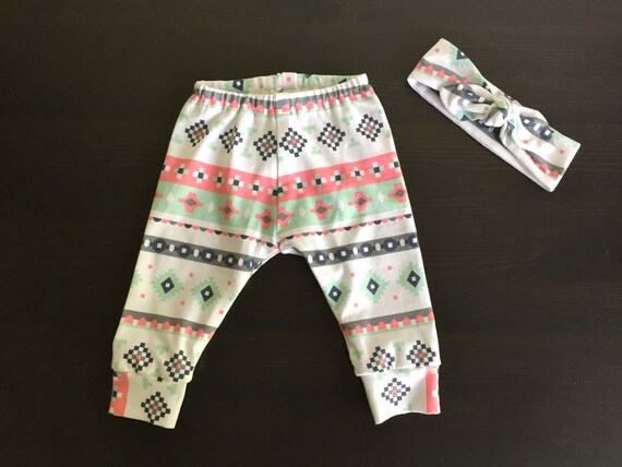 Baby Knot Bow and Legging Set; Pink, Mint, and Gray Tribal Print Bow ...