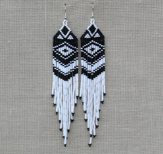 White and Black Earrings. Native American Beaded Earrings.