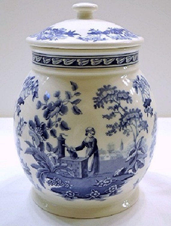 Spode Porcelain Canister Biscuit Barrel Jar Blue Room Girl at
