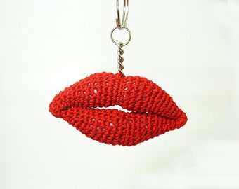 Red lips kiss gift, Valentines day gift, Bff unique gift idea, Ooak gift for her, Red lips key chain, Crochet zipper charm, Unisex, Brooch