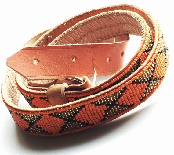 African Leather Belt W/Beads. Maasai Leather Belt Orange. Belt