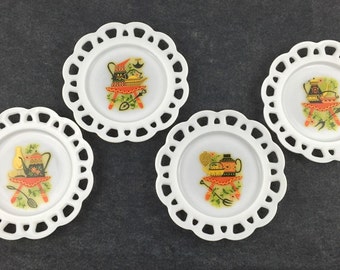 Four Milk Glass Plates With Appliqués-Lace Edges-Scalloped Edges-Retro-Mod-1960s-Vintage Kitchen Decor