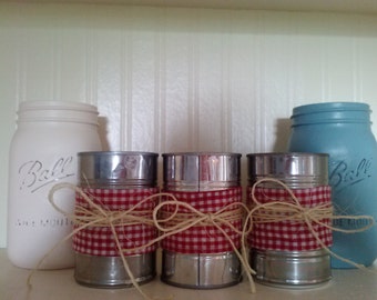 Set of four upcycled tin cans. Great for parties, office, and country/rustic home decor.