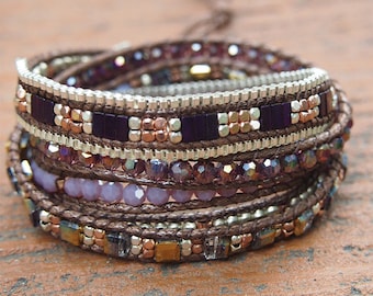 5 times Wrap Bracelet, Purple Crystal beaded mix, Boho bracelet, Beadwork bracelet