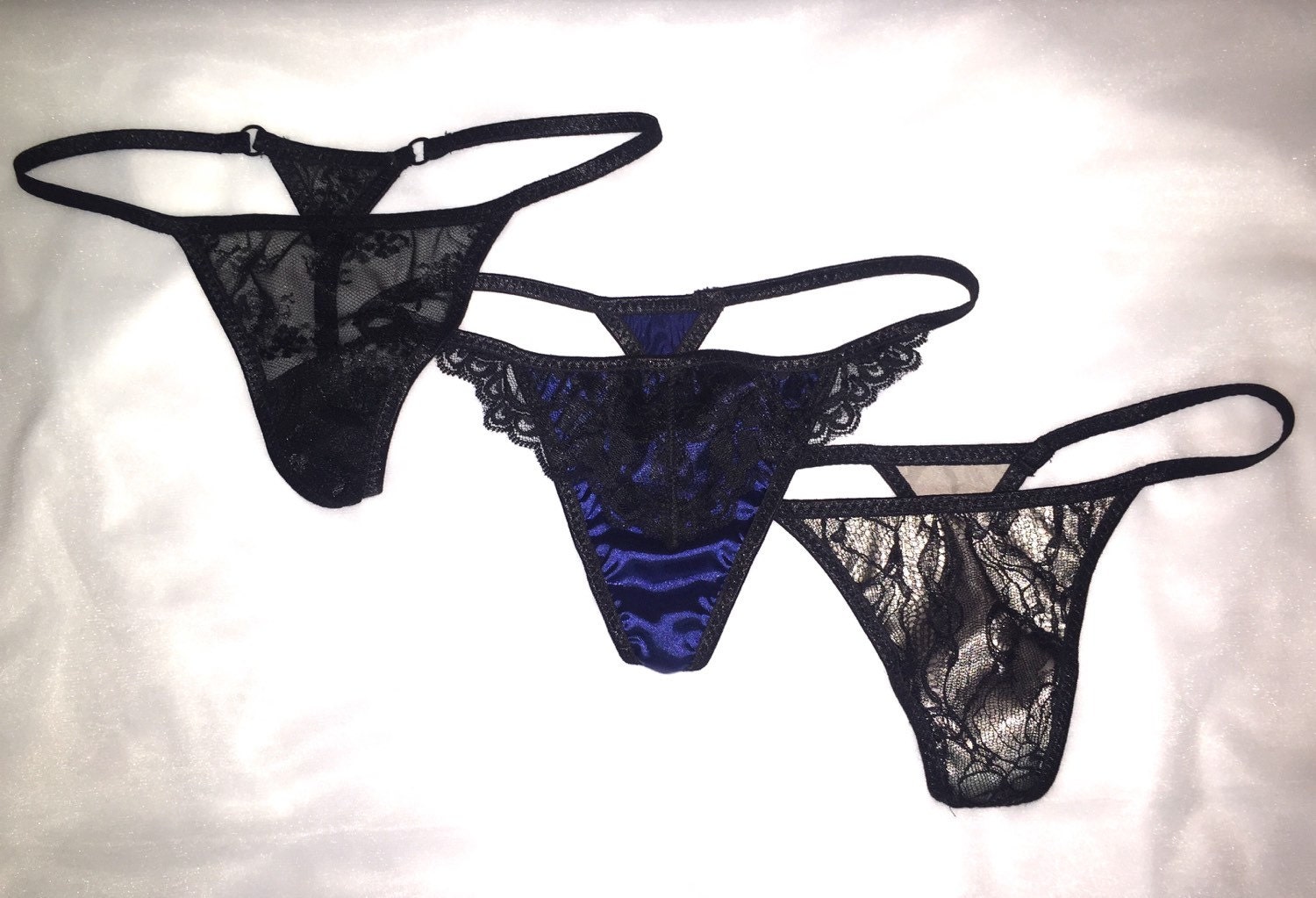 Thongs/Lingerie Set of 3 Stretch Satin/Lace Vstring Panties