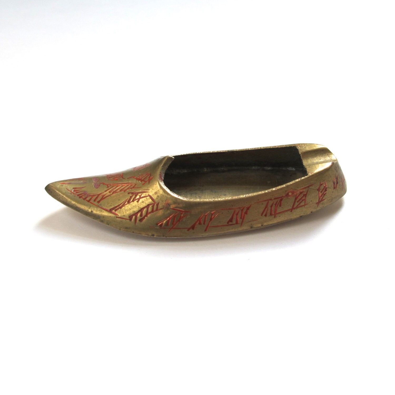 Vintage Red Enameled Brass Shoe Ashtray Made in India