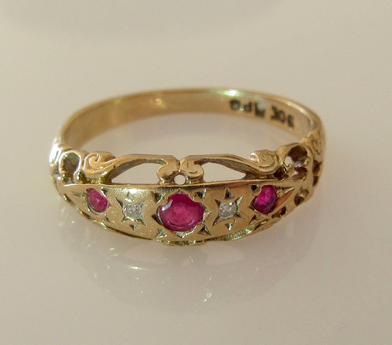 9ct Gold Ruby and Diamond Gypsy Ring Size M1/2 or 6 1/4