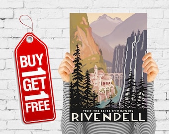 Travel print retro city poster vintage river rocks print, nature travel print retro advertising valley art - Visit Historic Rivendell (1528)