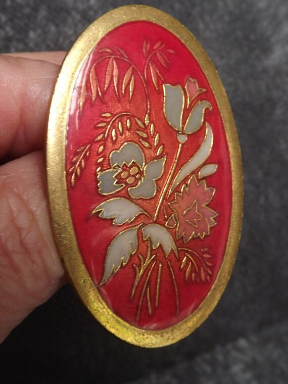 Vintage Brass Brooch Antique Brooch Enamel Encased