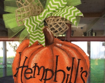 Pumpkin painted burlap door hanger