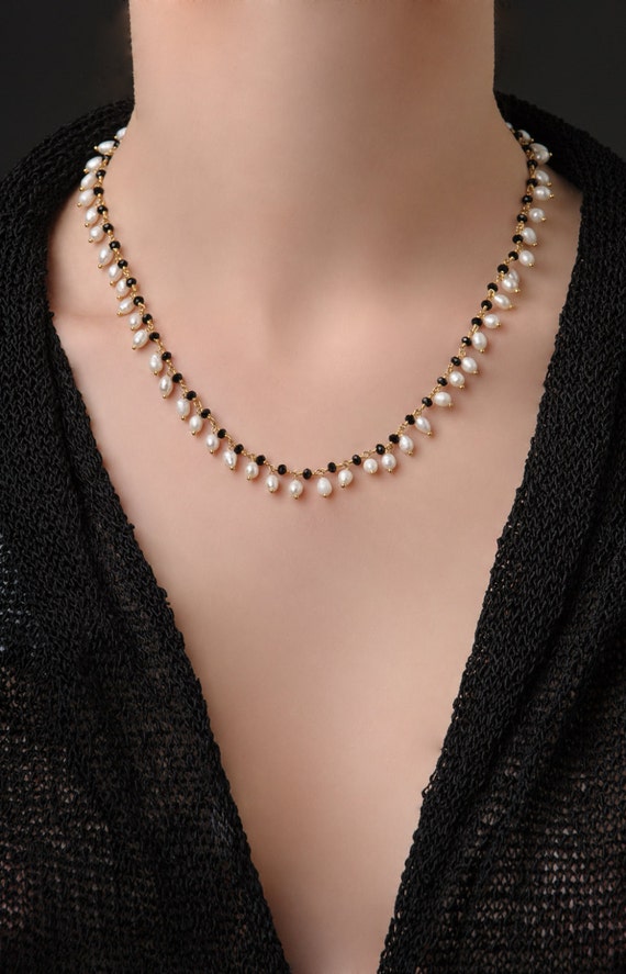 Pearl and Black Spinel Necklace Freshwater Pearl Necklace