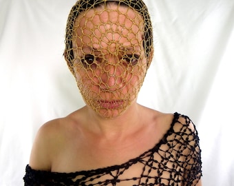 golden rubber lace mask. fetish lace. fishnet spiral crochet lace. handmade all sizes