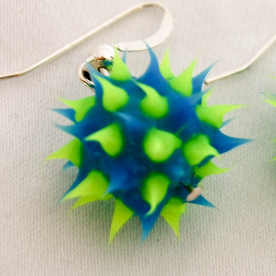 Blue and green spiky earrings spiky rubber earrings spiky