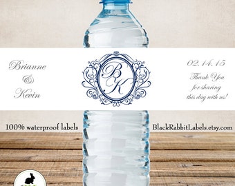 Wedding Water Bottle Labels - 100% Waterproof - Polyester Plastic Labels - Monogram in Vintage Frame - Wedding Favor