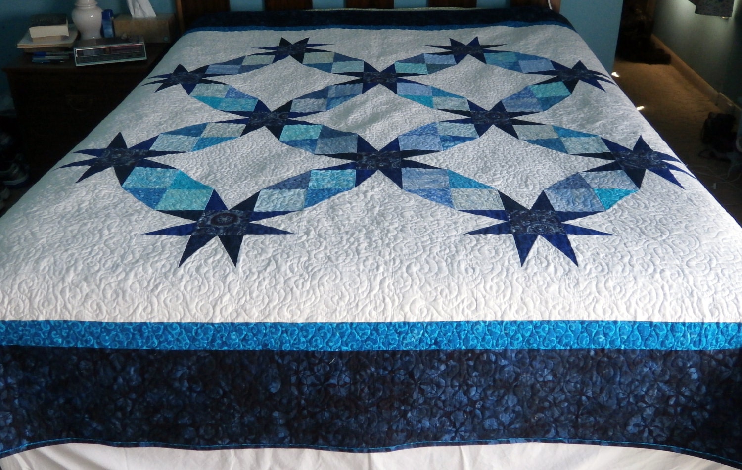 Queen size Quilt Blue and White Stars 88 x 88 by Pamelaquilts