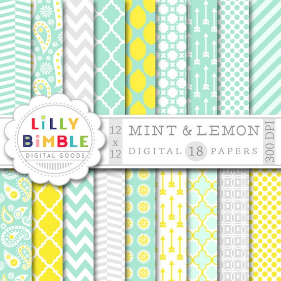 60% off MINT digital scrapbook papers yellow and gray chevron, quatrefoil, paisley DIGITAL DOWNLOAD Il_570xn
