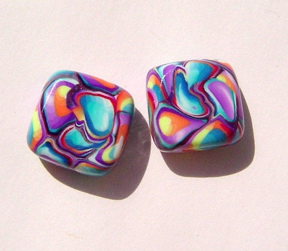 Europa Moon Colorful Handmade Artisan Polymer Clay Beads Pair