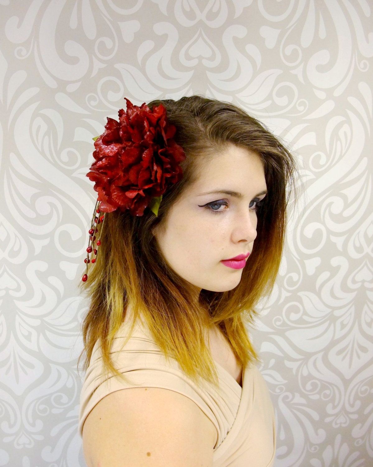 Large Red Flower Fascinator Pinup Girl Red Flower Hair Clip