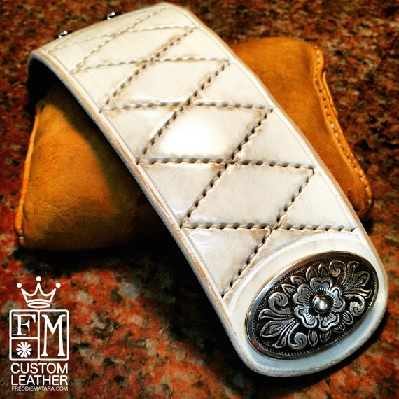 Leather cuff Bracelet Distressed quilted WHITE hand stitched and lined with Concho snap handmade for YOU in NYC by Freddie Matara!