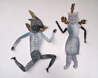 SALE Dancing Wolfman and Cat Woman Set Articulated Paper Creature / Hinged Beasts Series