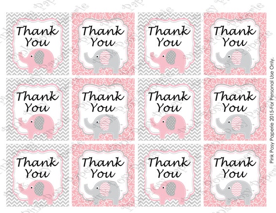 Printable Pink Elephant Baby Girl Shower Thank You Tags - Instant Download from PinkPosyPaperie ...
