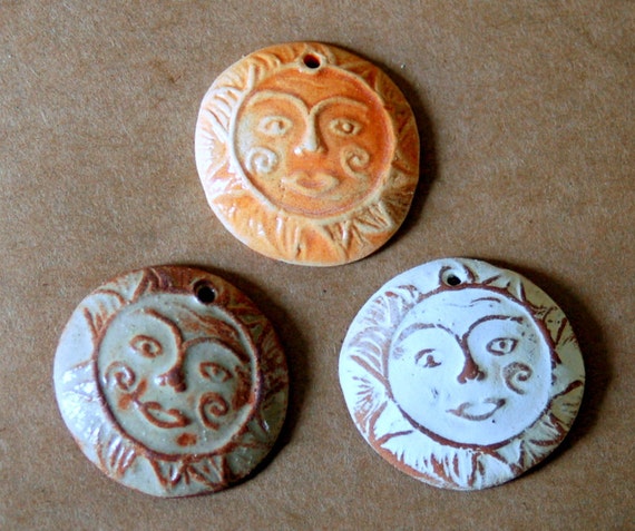 3 Handmade ceramic beads - Sun Beads in neutral, rust, and orange