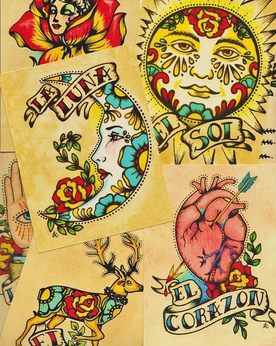 Folk Art POSTCARDS Mexican Loteria Tattoo Art Set of 8