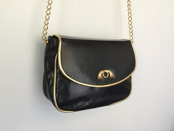 Vintage Black and Gold Leather Purse with Chain Strap.