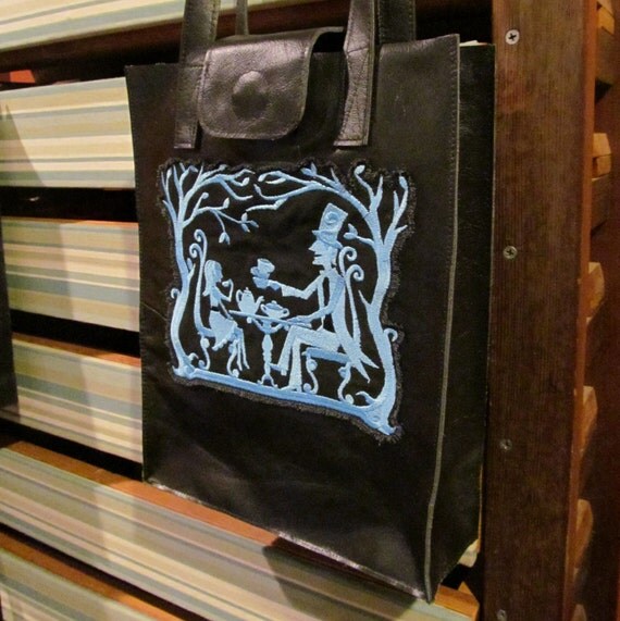 Black Leather Embroidered Tote Market Shoulder Bag