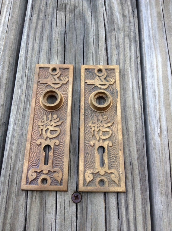 Antique Door Knob Plates with Key Hole Brass by SalvageNation