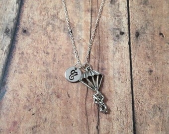 Parachutist initial necklace - ranger necklace, military jewelry, silver parachute necklace, military necklace, parachutist necklace