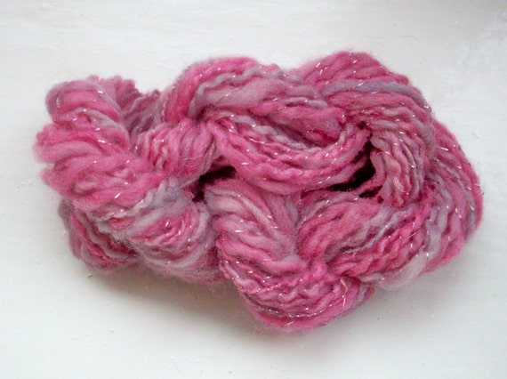 Handspun merino, hand dyed, pink, lilac, metallic thread, subtle gleam by SpinningStreak