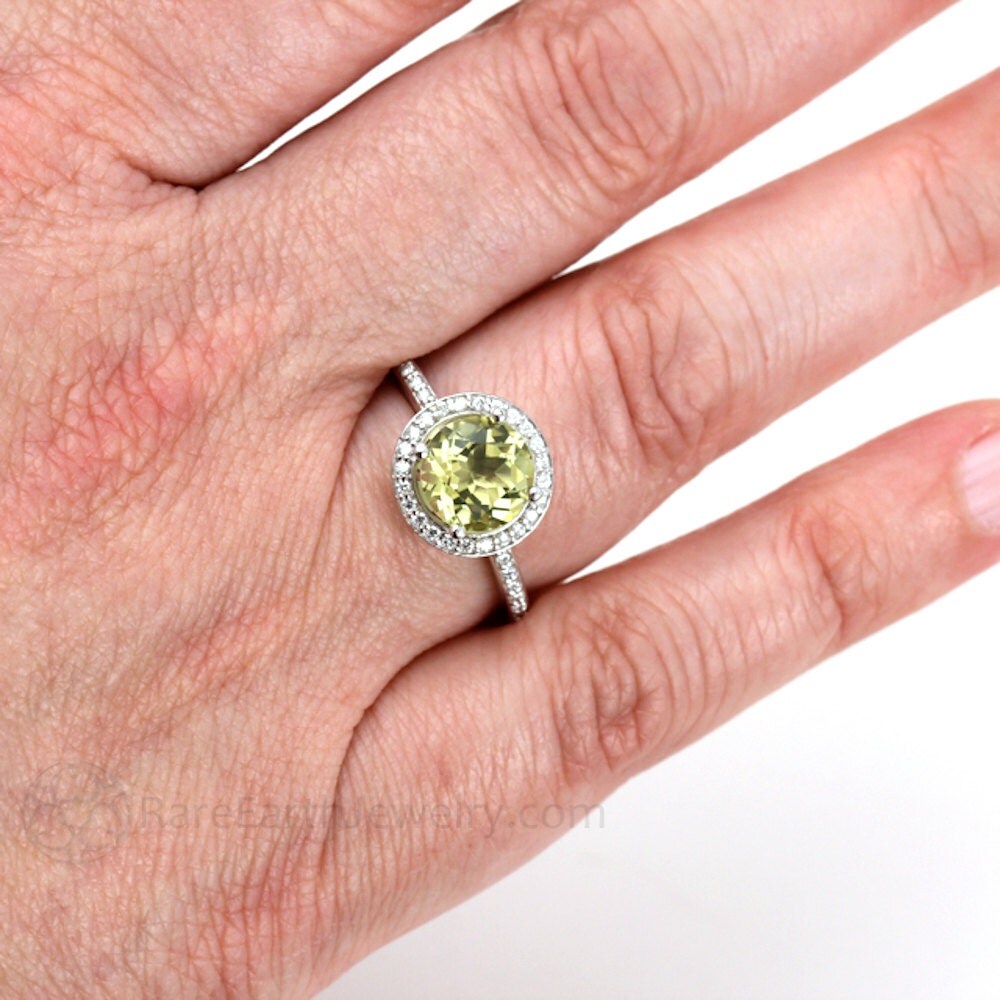 Lemon Quartz Ring Diamond Halo Engagement Ring 14K or 18K Gold