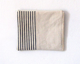 Vintage Stripe Ticking Canvas Zipper Bag Cosmetic Bag  Sashiko Stitching Hand Stitching Nautical French Country Rustic