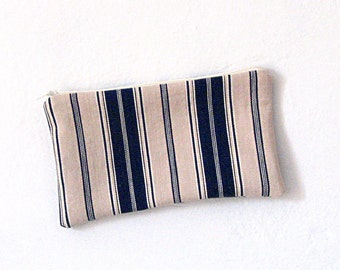 Vintage Stripe Ticking Zipper Bag Pouch Cosmetic Bag Clutch Vintage Fabric French Country Rustic Nautical Spring Summer