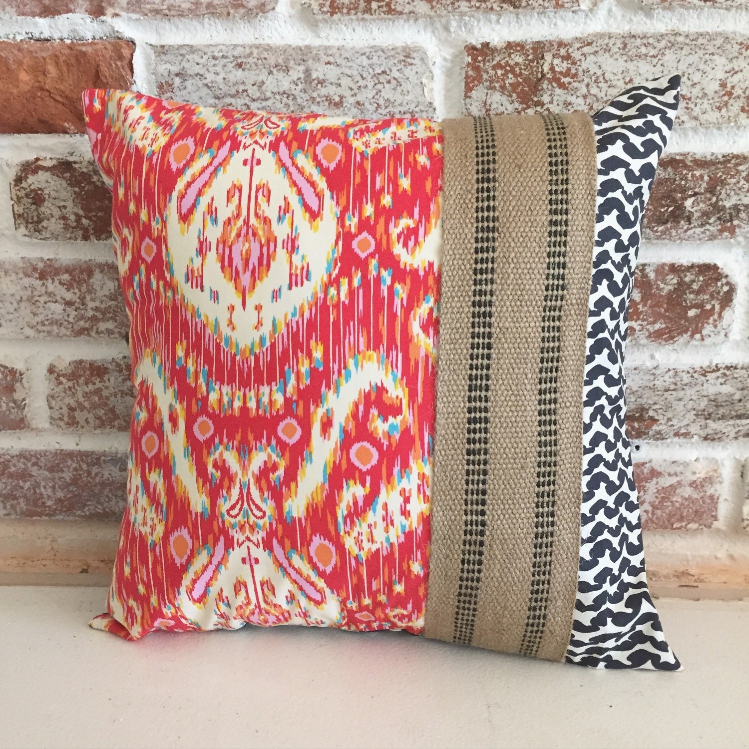 Pillow Cover Ikat/burlap print 16x16 in by HandsFullDesigns