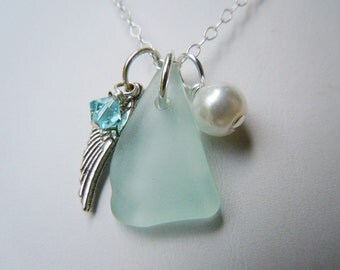 Angel Wing Necklace - Sea Foam Sea Glass Necklace - Beach Glass Jewelry