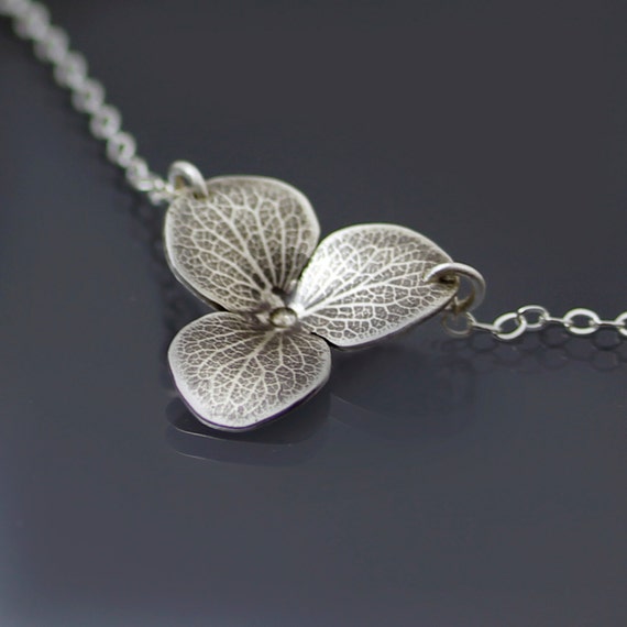 Hydrangea Blossom Necklace  Oxidized Sterling Silver Flower Imprint