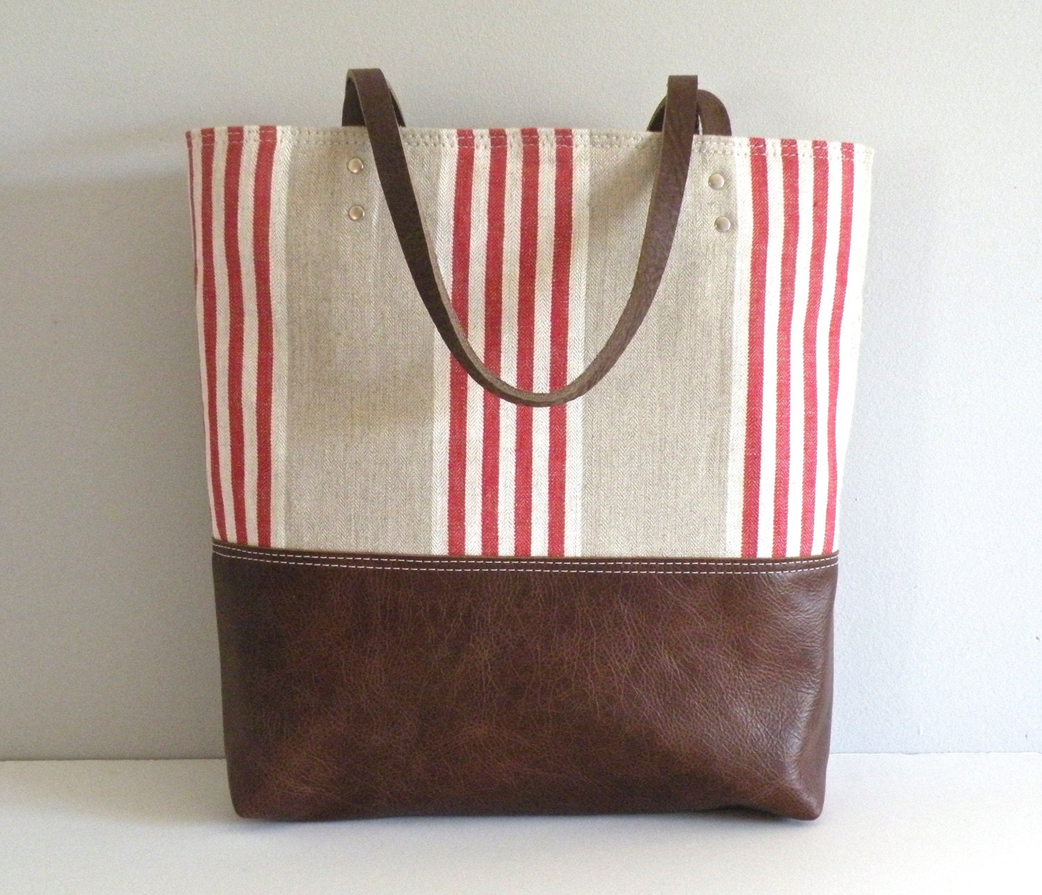 Linen Tote Leather Bottom bag Beach carryall red striped