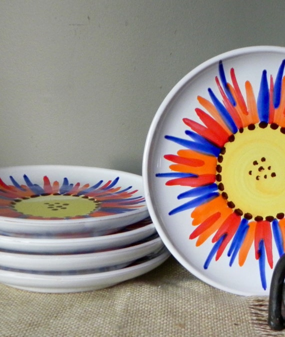 Vintage Italian plates made in Italy hand painted blue orange