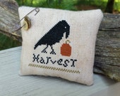 Completed Cross Stitch Primitive Crow & Pumpkin Harvest Cupboard Tuck Pillow