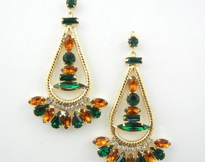 Pair of Gold-tone Drop Charms with Green and Topaz Faceted Gems