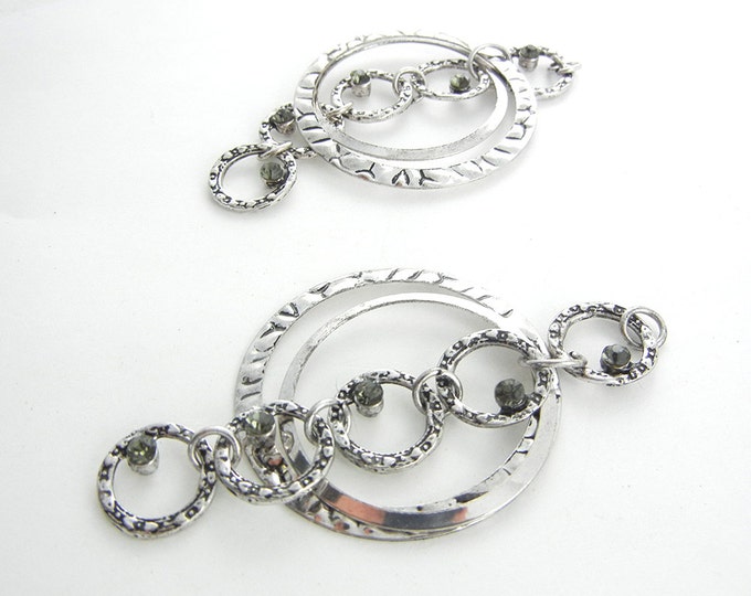 Pair of Circle Drop Charms Antique Silver-tone Gray Rhinestones