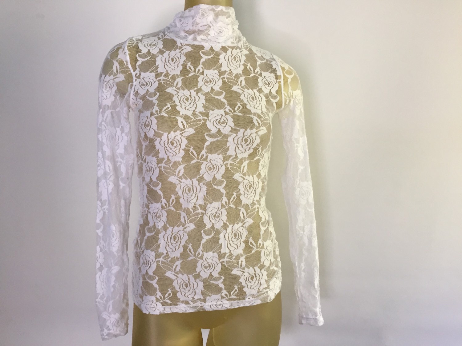 Women Transparent White Blouse Sexy Lace Blouse Turtleneck Shirt Mesh Summer Tops Long Sleeve 