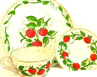 Strawberries Tin Toy Tea Setting, 3 piece set. Cup, plate & saucer.