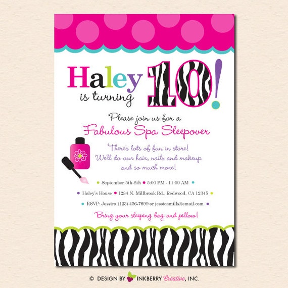 Fabulous Spa Sleepover - Hot Pink, Aqua & Zebra - Birthday Party Invitation (Digital File - Printed Cards Also Available) Il_570xn