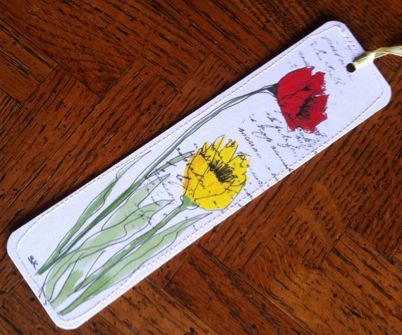 Bookmark of Watercolor Yellow and Red Poppies/Free shipping