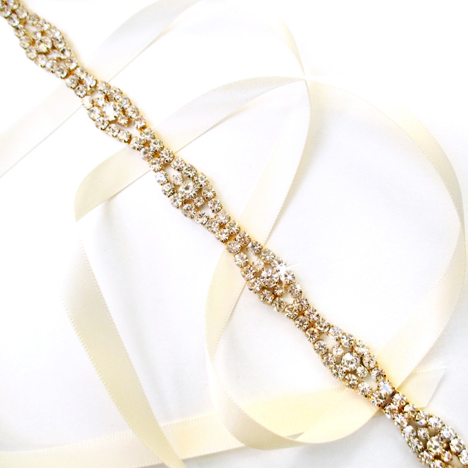 Headband Gold Rhinestone Ribbon Bridal Headband or Thin Belt